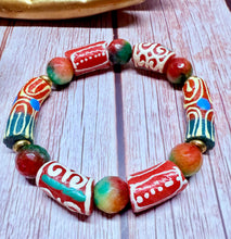 Load image into Gallery viewer, Yellow, Green &amp; Red Agate Krobo bracelet
