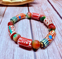 Load image into Gallery viewer, Yellow, Green &amp; Red Agate Krobo bracelet

