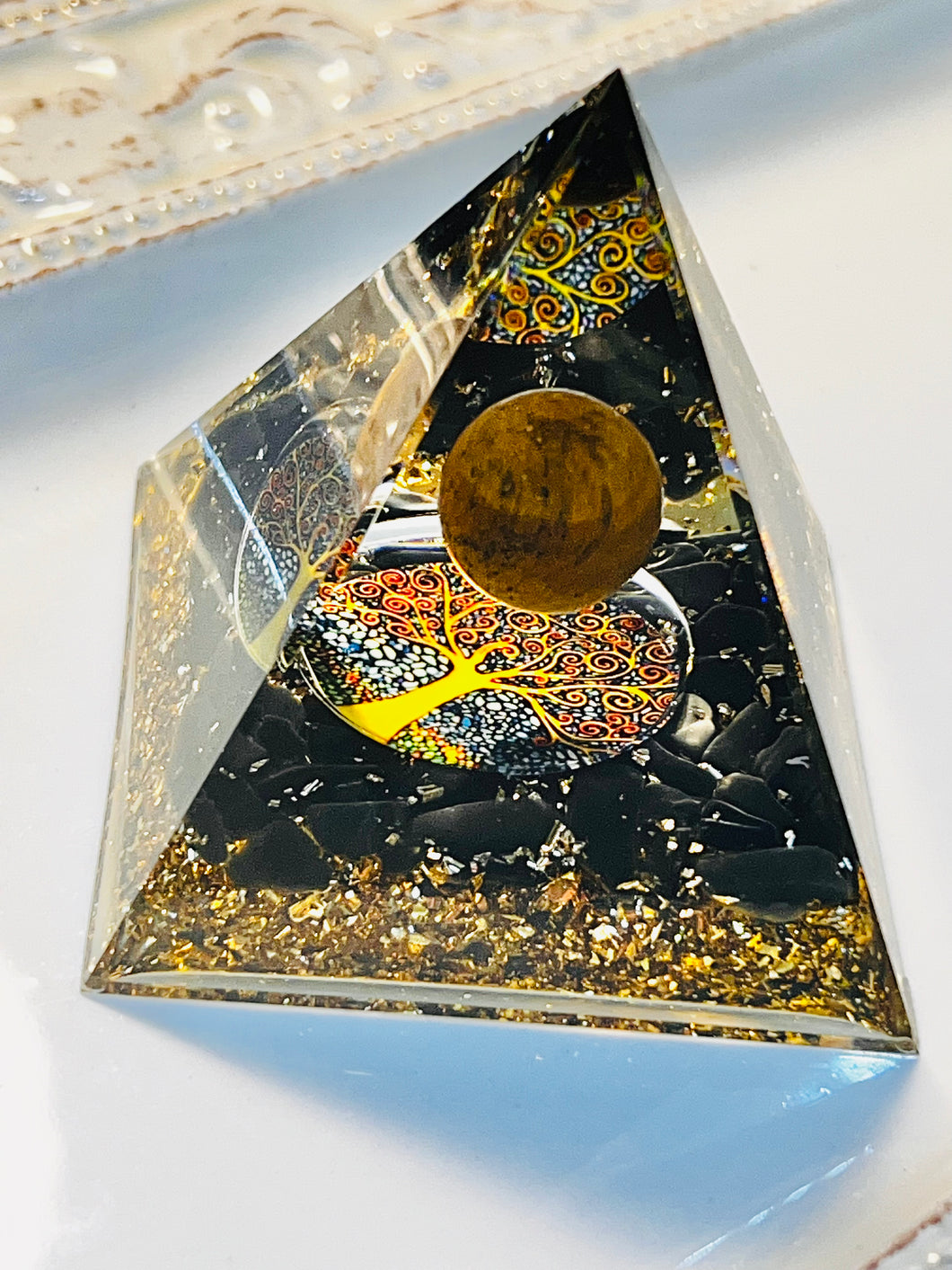 Tigers eye Sphere Orgonite Pyramid