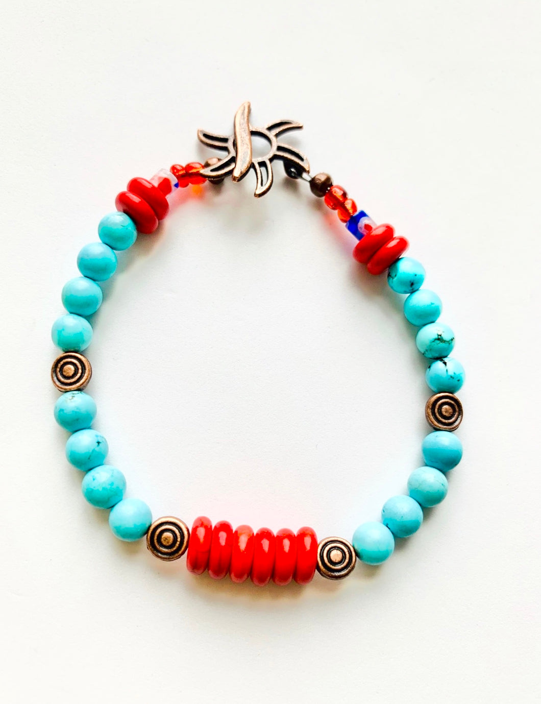 Red Turquoise Sun  Clasp Bracelet