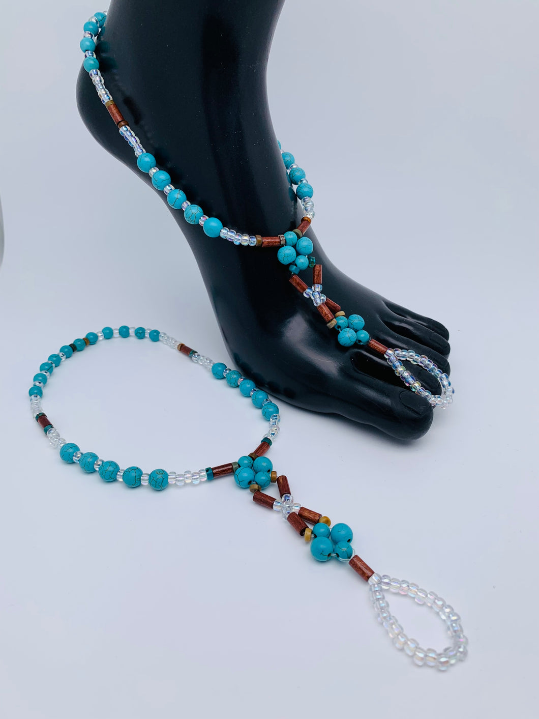 Turquoise and wood bare feet sandals